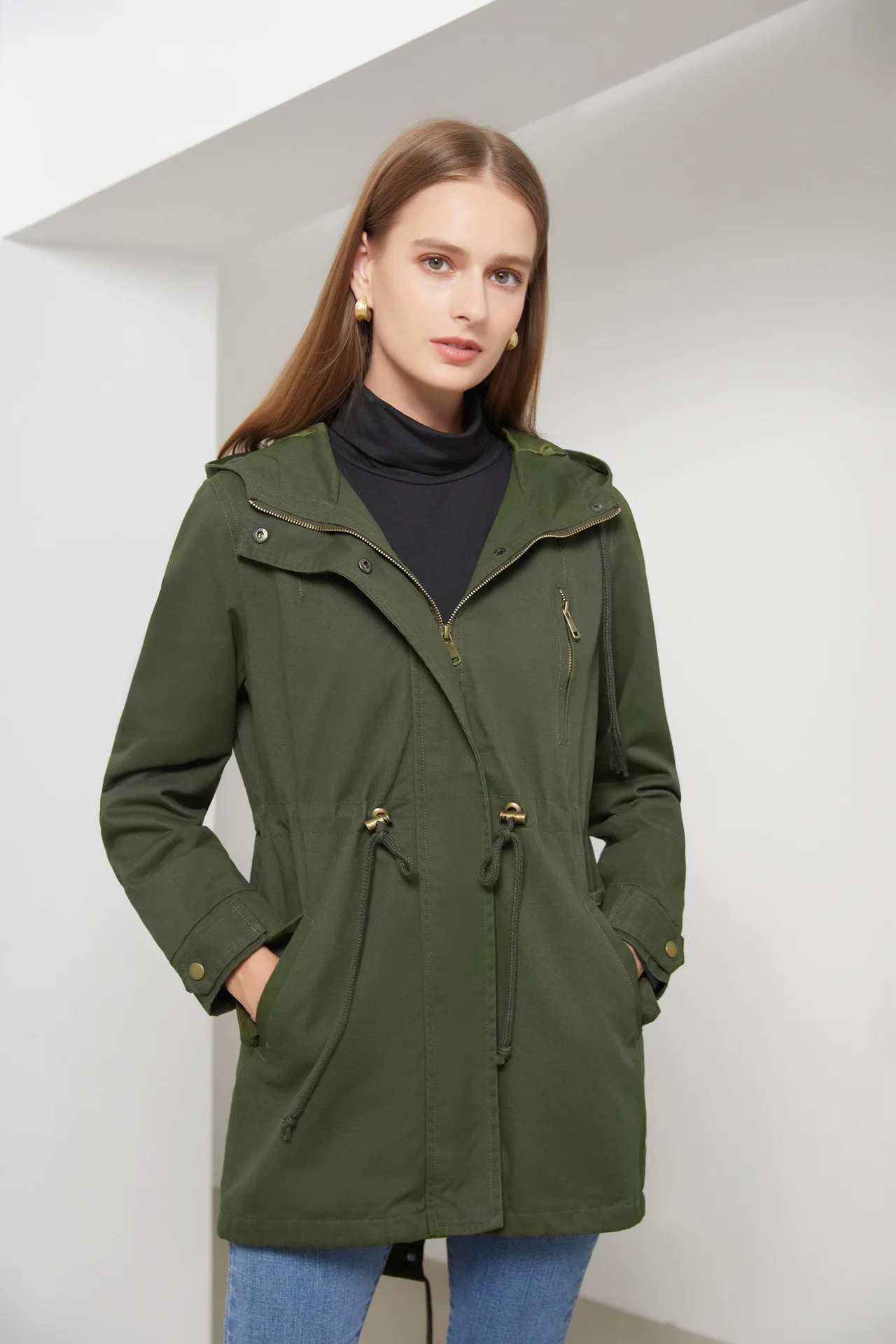 New Cotton Hooded Trench Coat Women's Spring Autumn Jacket Zipper Loose Drawstring Solid Color Windbreaker Women's Clothing