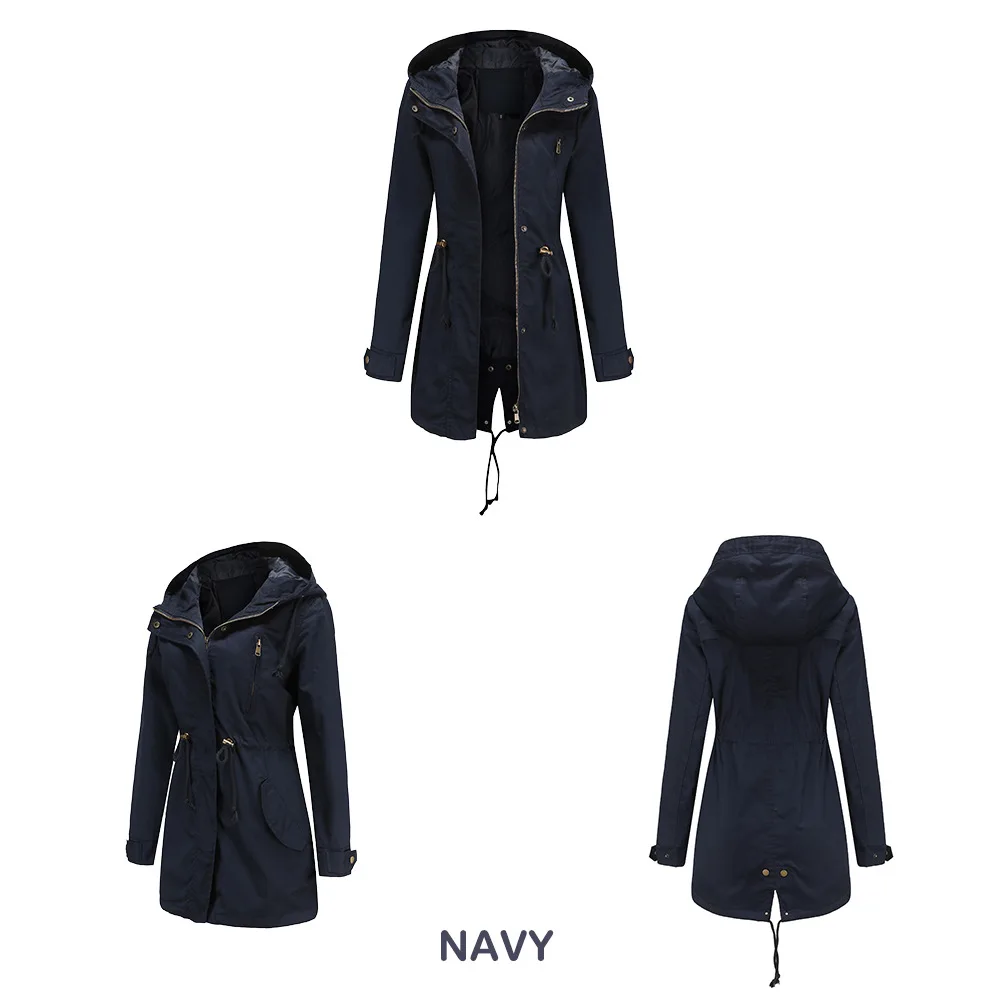 New Cotton Hooded Trench Coat Women's Spring Autumn Jacket Zipper Loose Drawstring Solid Color Windbreaker Women's Clothing