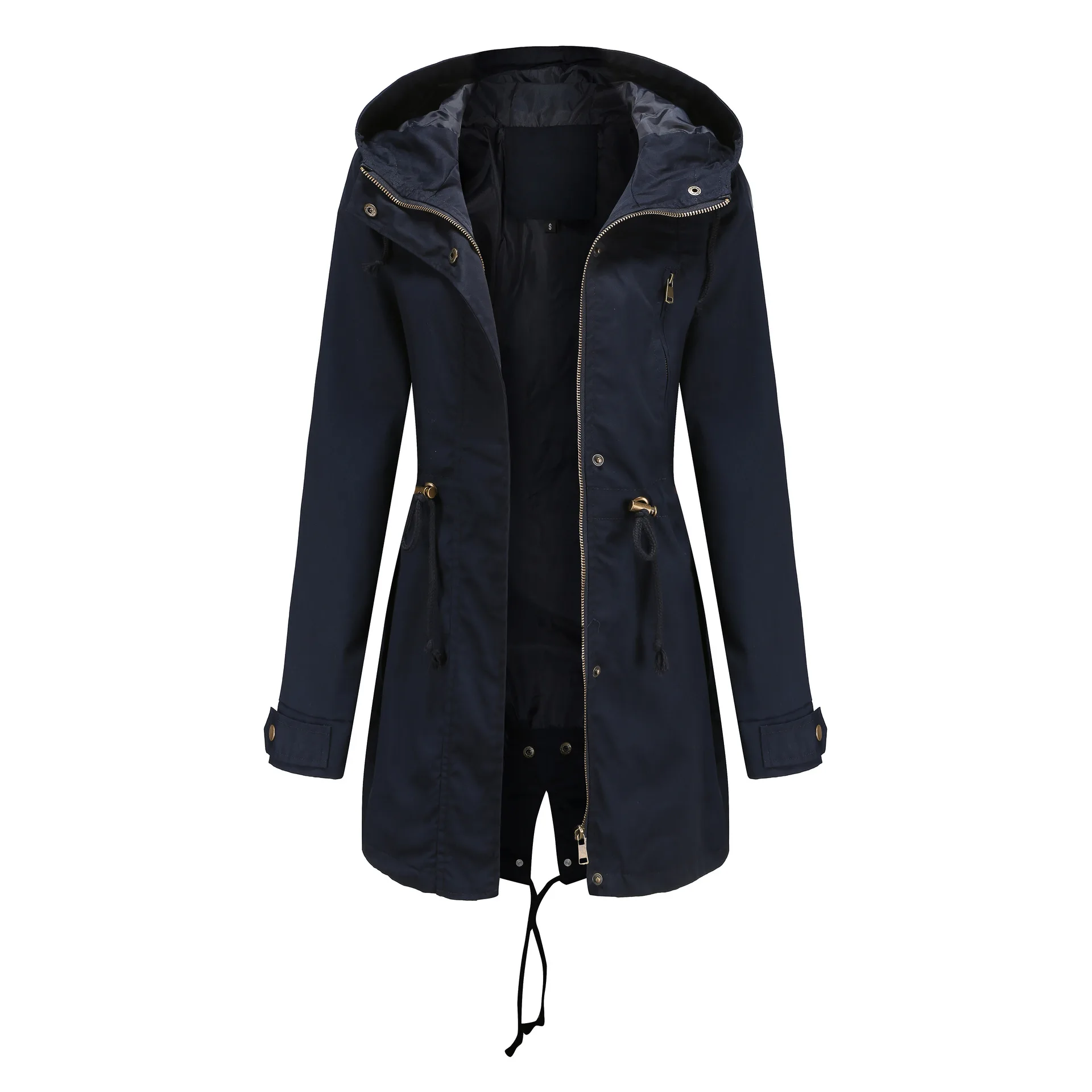 New Cotton Hooded Trench Coat Women's Spring Autumn Jacket Zipper Loose Drawstring Solid Color Windbreaker Women's Clothing