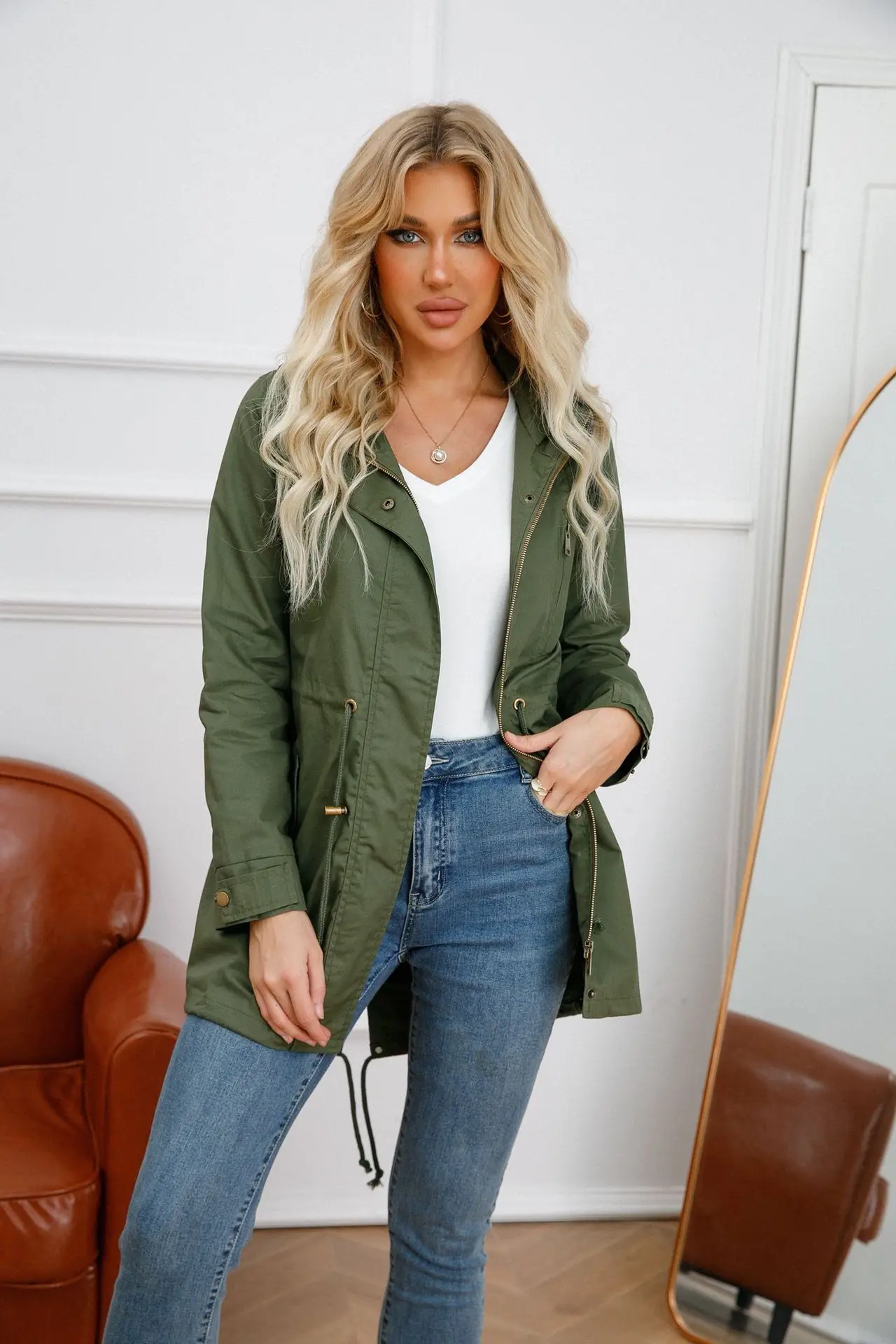 New Cotton Hooded Trench Coat Women's Spring Autumn Jacket Zipper Loose Drawstring Solid Color Windbreaker Women's Clothing