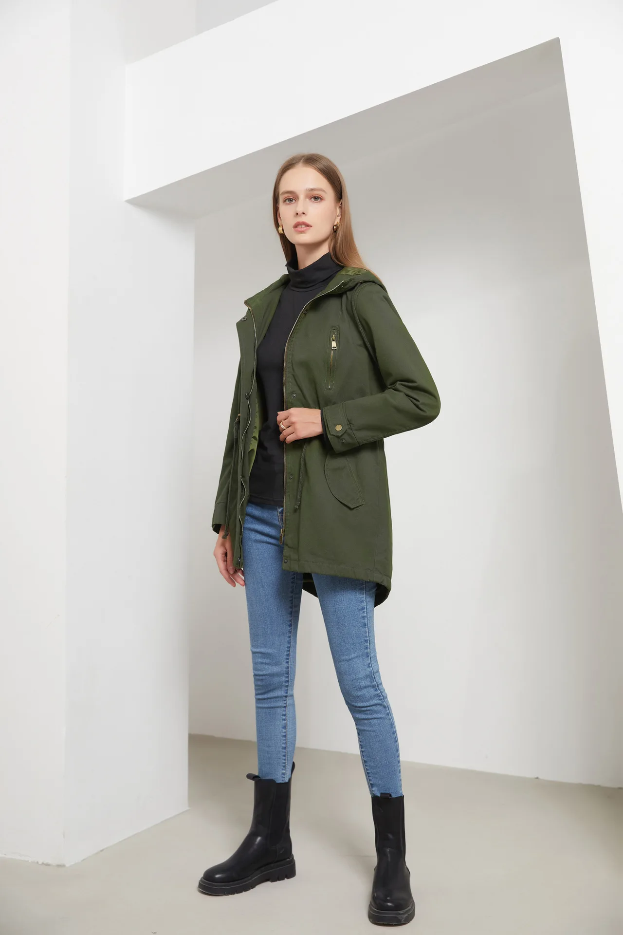 New Cotton Hooded Trench Coat Women's Spring Autumn Jacket Zipper Loose Drawstring Solid Color Windbreaker Women's Clothing
