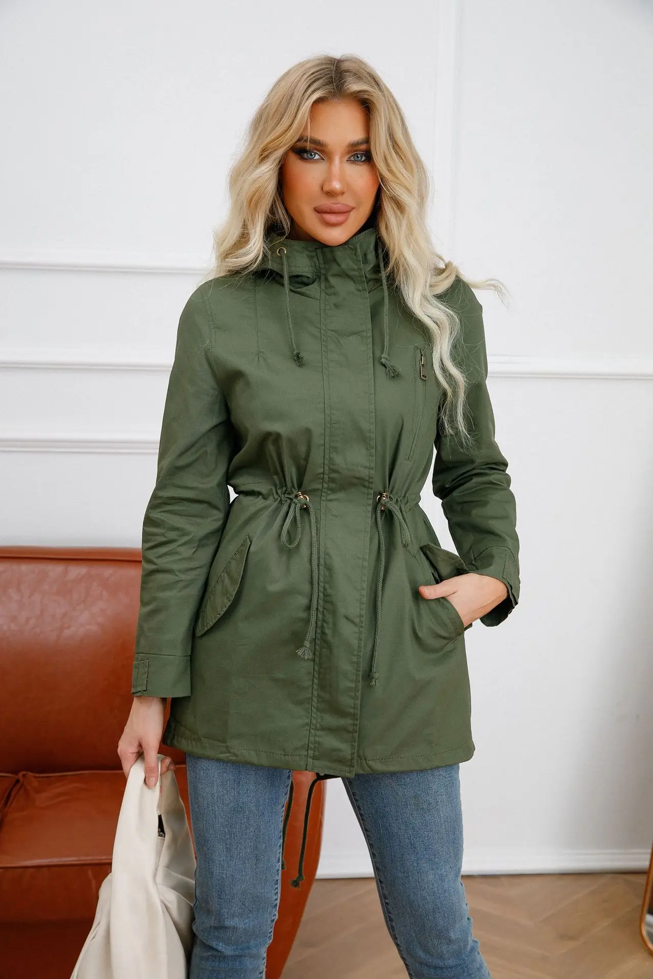 New Cotton Hooded Trench Coat Women's Spring Autumn Jacket Zipper Loose Drawstring Solid Color Windbreaker Women's Clothing