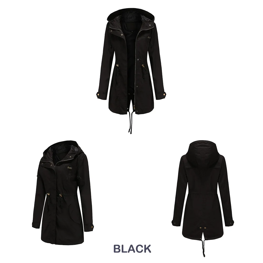 New Cotton Hooded Trench Coat Women's Spring Autumn Jacket Zipper Loose Drawstring Solid Color Windbreaker Women's Clothing