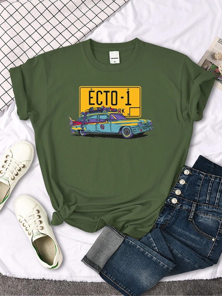 Ghostbusters Car Ecto-1 Print T-Shirt Female Oversized Vintage Fashion Clothing Women Summer Harajuku Shirts Tops Girl T Shirt