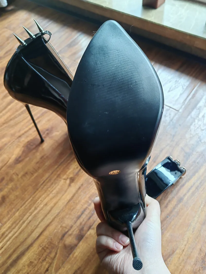 MKKHOU Fashion Pumps New Pointed Toe Stiletto 16cm High Heel Shoes Ankle Buckle Strap Rivet Punk Style Modern Women Shoes