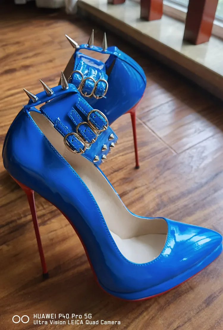 MKKHOU Fashion Pumps New Pointed Toe Stiletto 16cm High Heel Shoes Ankle Buckle Strap Rivet Punk Style Modern Women Shoes