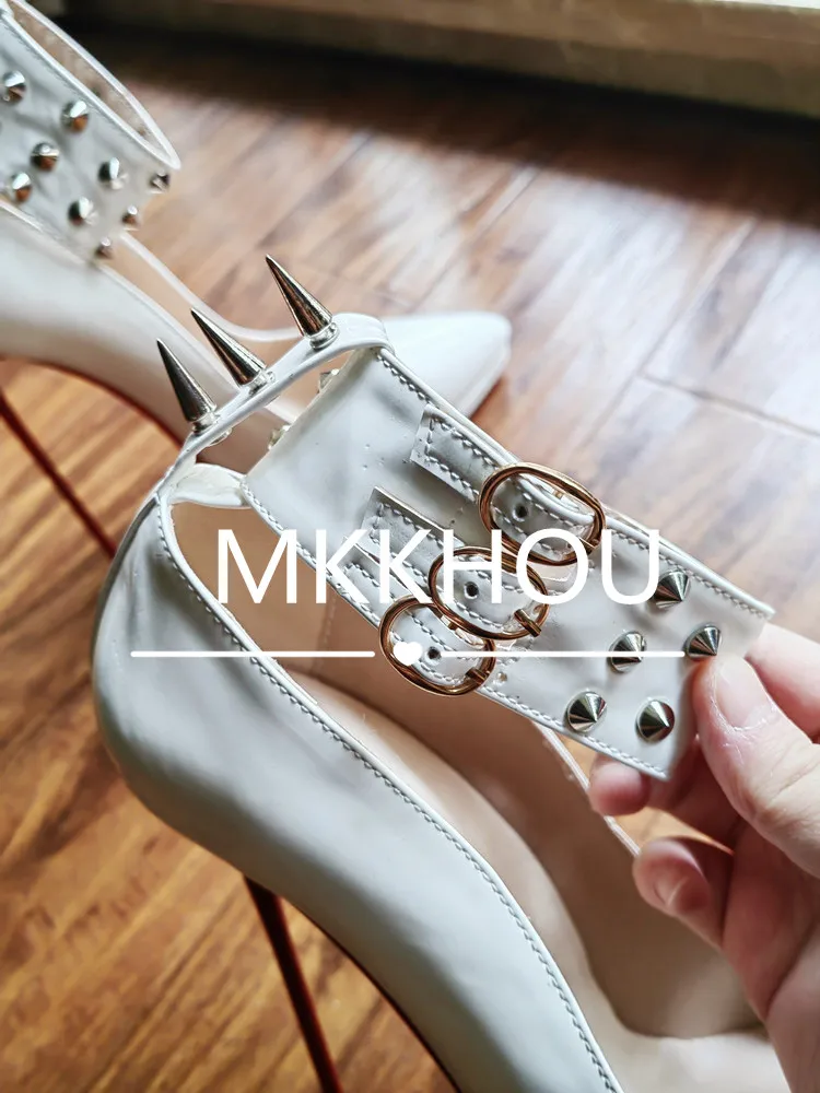 MKKHOU Fashion Pumps New Pointed Toe Stiletto 16cm High Heel Shoes Ankle Buckle Strap Rivet Punk Style Modern Women Shoes
