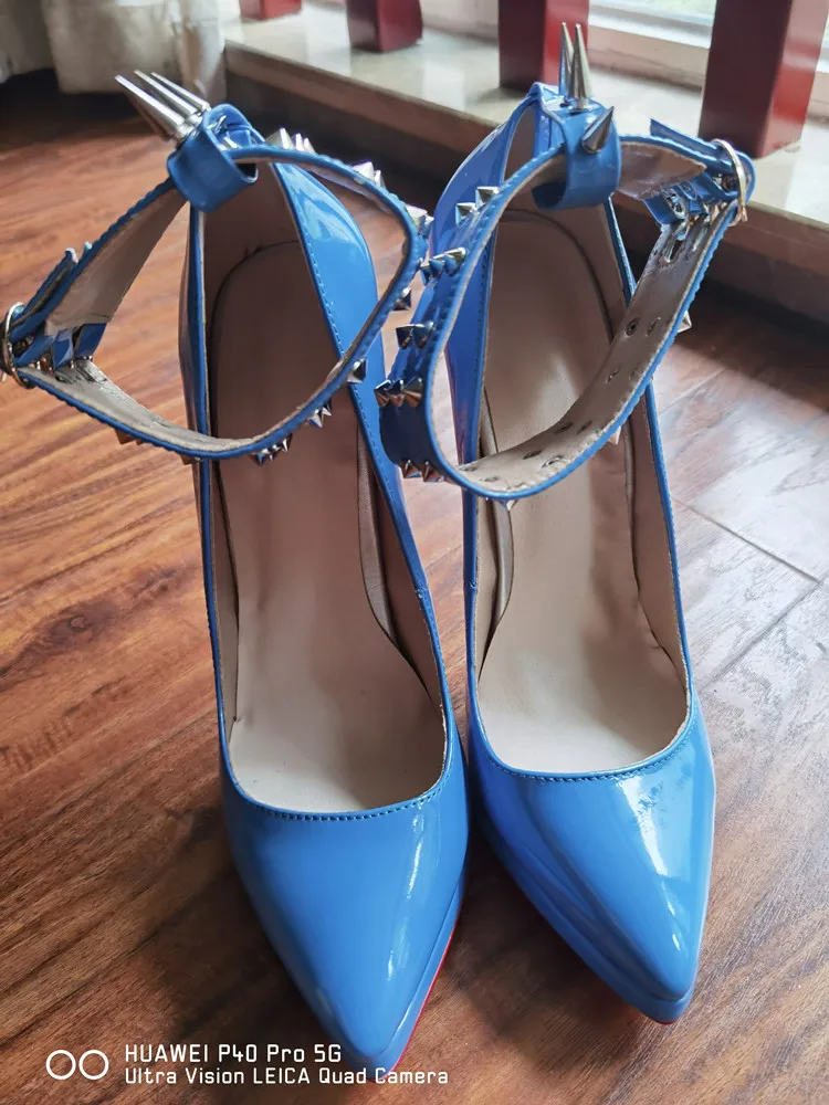 MKKHOU Fashion Pumps New Pointed Toe Stiletto 16cm High Heel Shoes Ankle Buckle Strap Rivet Punk Style Modern Women Shoes