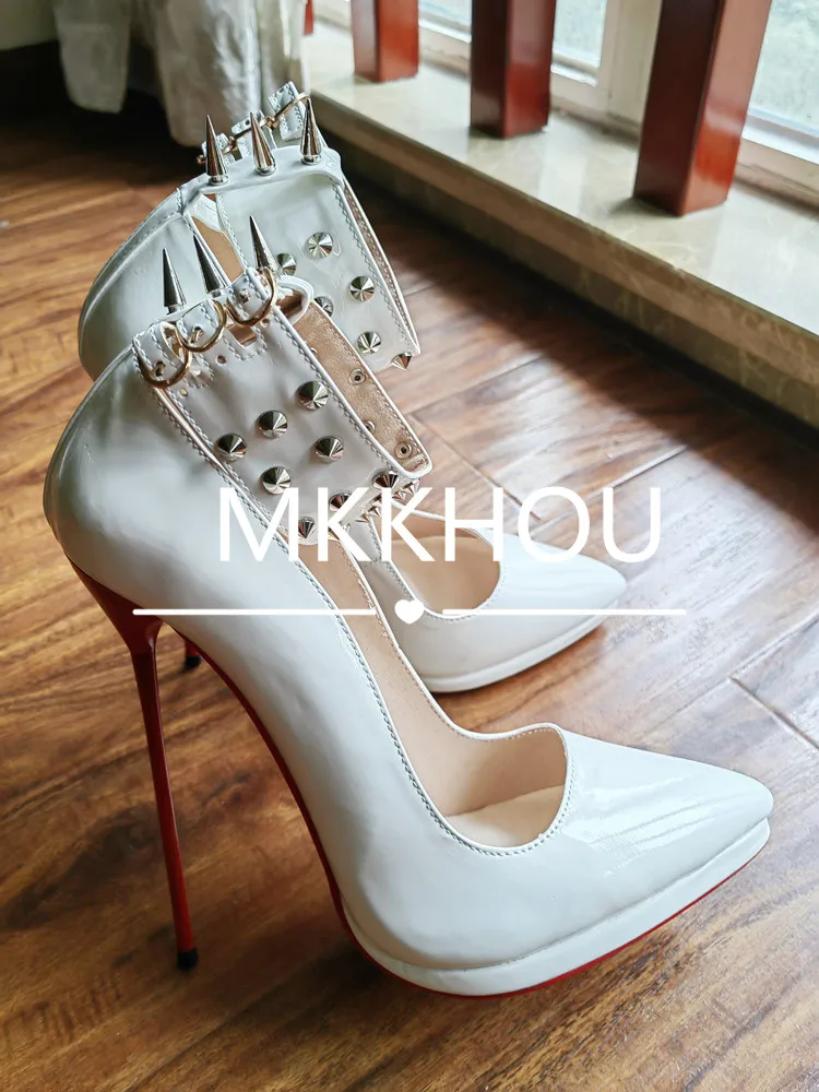 MKKHOU Fashion Pumps New Pointed Toe Stiletto 16cm High Heel Shoes Ankle Buckle Strap Rivet Punk Style Modern Women Shoes