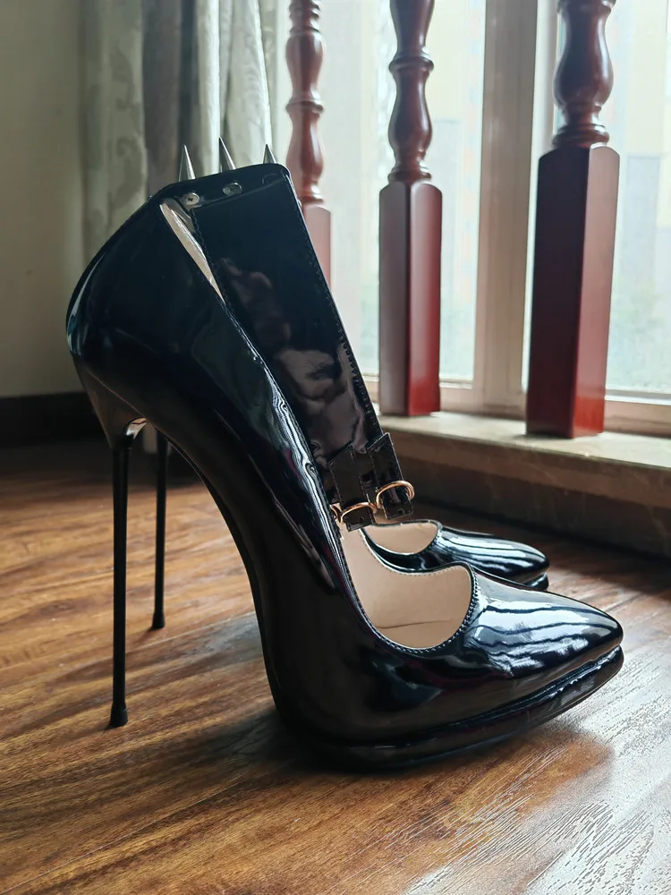 MKKHOU Fashion Pumps New Pointed Toe Stiletto 16cm High Heel Shoes Ankle Buckle Strap Rivet Punk Style Modern Women Shoes