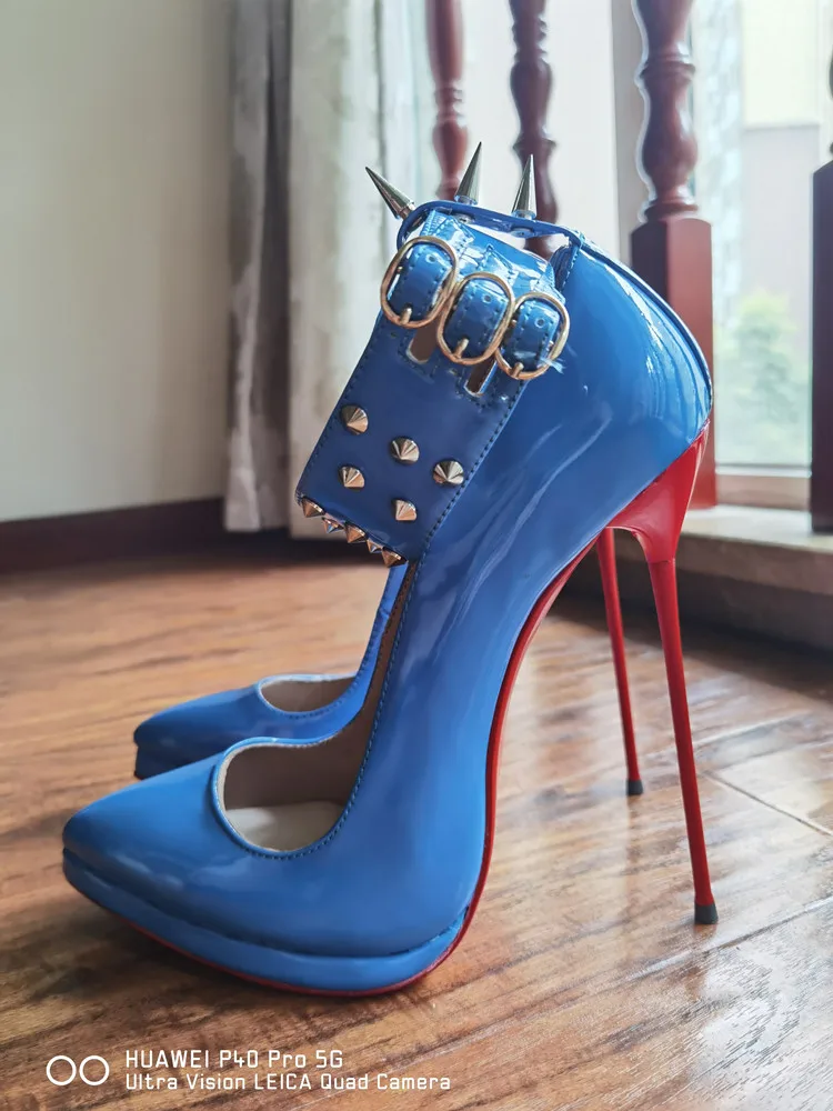 MKKHOU Fashion Pumps New Pointed Toe Stiletto 16cm High Heel Shoes Ankle Buckle Strap Rivet Punk Style Modern Women Shoes