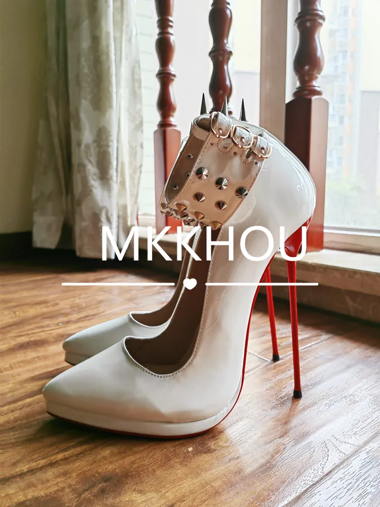 MKKHOU Fashion Pumps New Pointed Toe Stiletto 16cm High Heel Shoes Ankle Buckle Strap Rivet Punk Style Modern Women Shoes