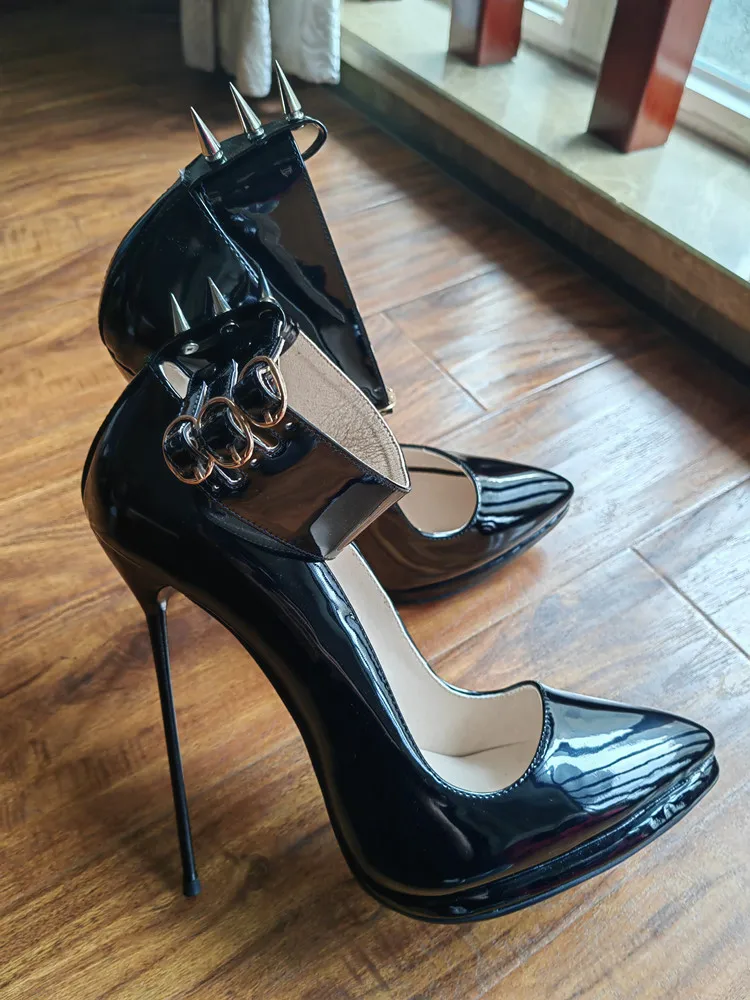 MKKHOU Fashion Pumps New Pointed Toe Stiletto 16cm High Heel Shoes Ankle Buckle Strap Rivet Punk Style Modern Women Shoes