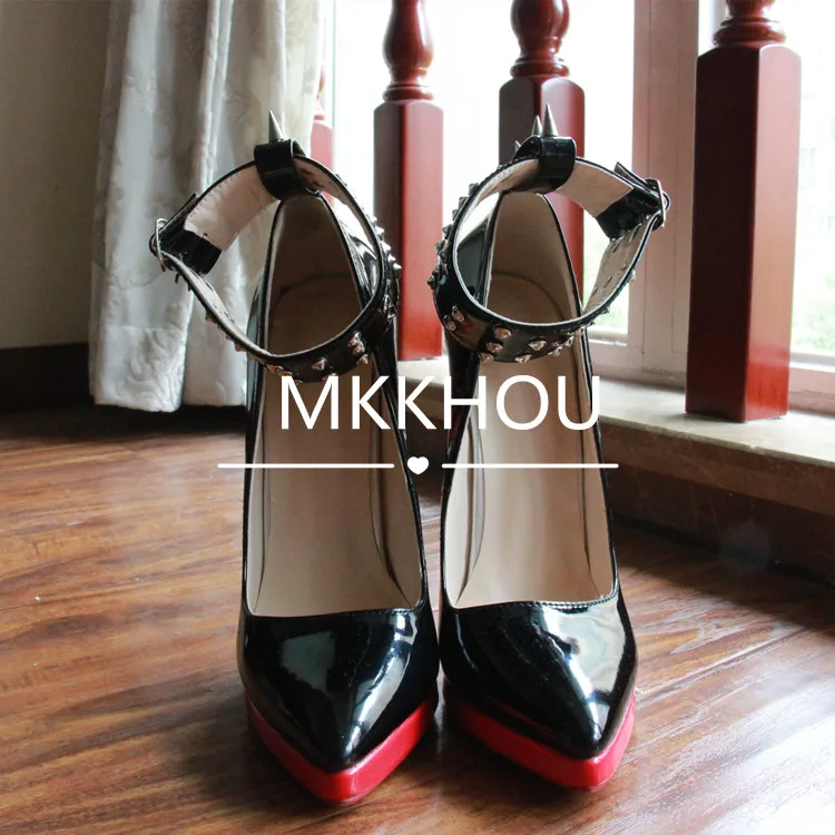 MKKHOU Fashion Pumps New Pointed Toe Stiletto 16cm High Heel Shoes Ankle Buckle Strap Rivet Punk Style Modern Women Shoes