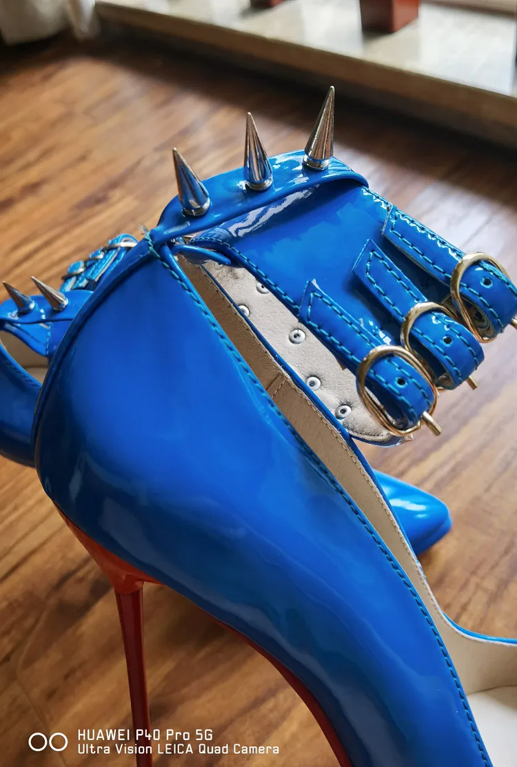 MKKHOU Fashion Pumps New Pointed Toe Stiletto 16cm High Heel Shoes Ankle Buckle Strap Rivet Punk Style Modern Women Shoes