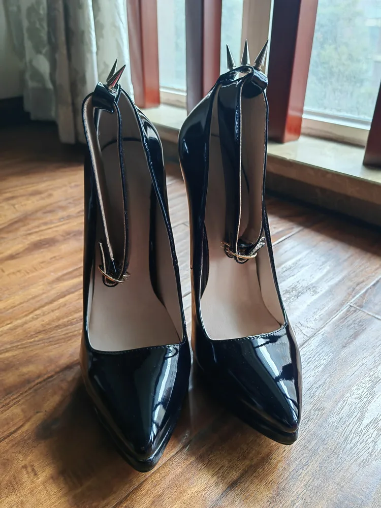 MKKHOU Fashion Pumps New Pointed Toe Stiletto 16cm High Heel Shoes Ankle Buckle Strap Rivet Punk Style Modern Women Shoes