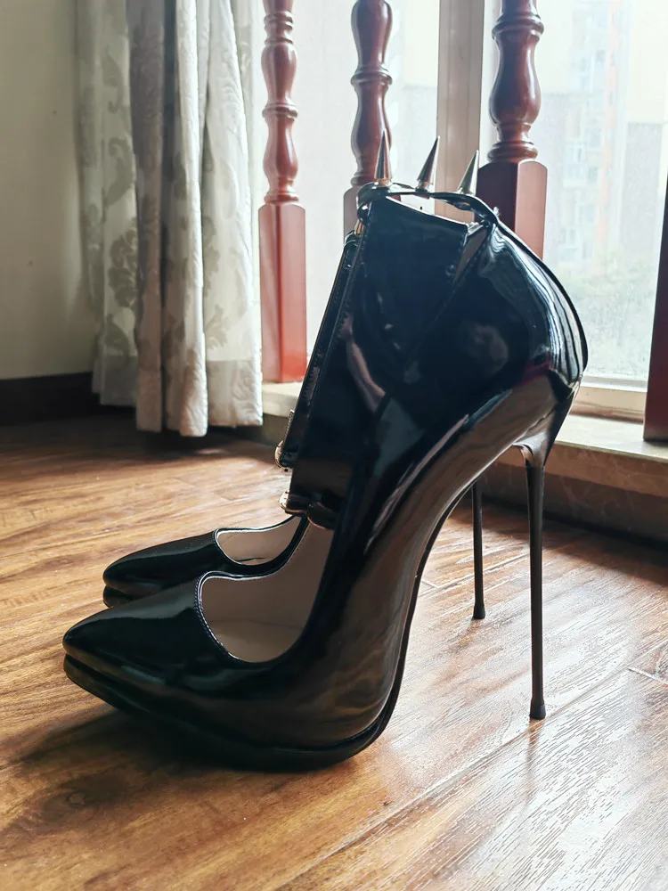 MKKHOU Fashion Pumps New Pointed Toe Stiletto 16cm High Heel Shoes Ankle Buckle Strap Rivet Punk Style Modern Women Shoes