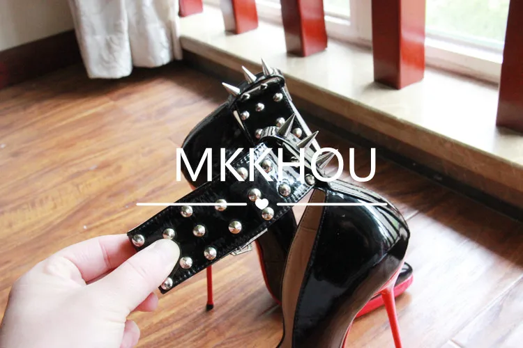 MKKHOU Fashion Pumps New Pointed Toe Stiletto 16cm High Heel Shoes Ankle Buckle Strap Rivet Punk Style Modern Women Shoes