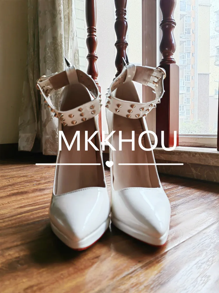 MKKHOU Fashion Pumps New Pointed Toe Stiletto 16cm High Heel Shoes Ankle Buckle Strap Rivet Punk Style Modern Women Shoes