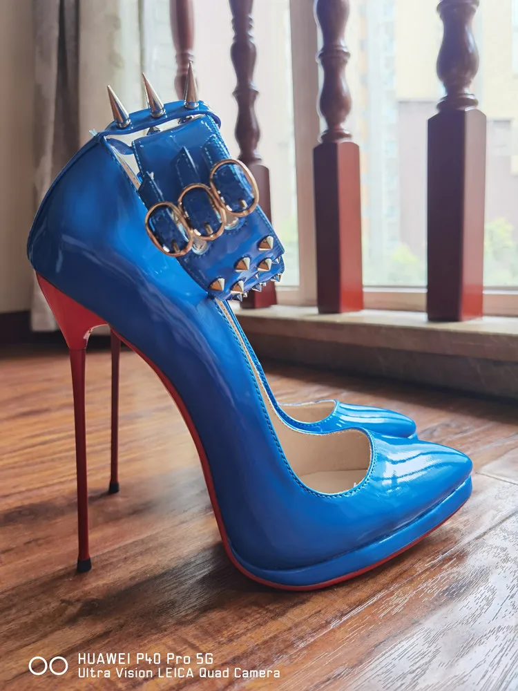 MKKHOU Fashion Pumps New Pointed Toe Stiletto 16cm High Heel Shoes Ankle Buckle Strap Rivet Punk Style Modern Women Shoes