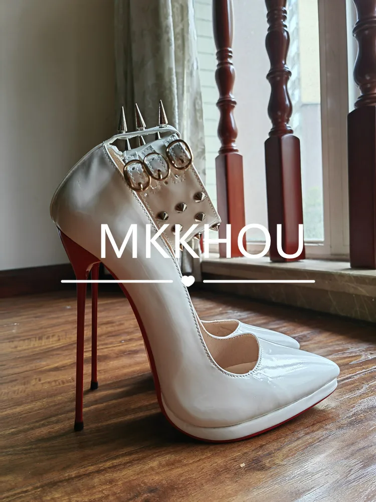 MKKHOU Fashion Pumps New Pointed Toe Stiletto 16cm High Heel Shoes Ankle Buckle Strap Rivet Punk Style Modern Women Shoes