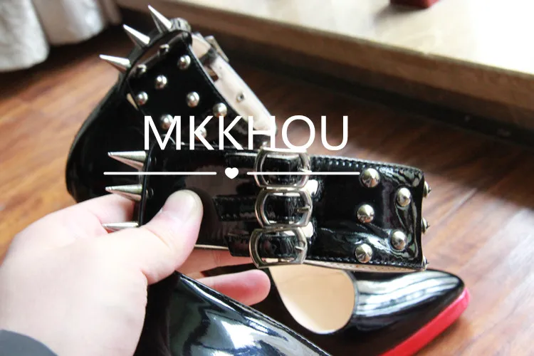 MKKHOU Fashion Pumps New Pointed Toe Stiletto 16cm High Heel Shoes Ankle Buckle Strap Rivet Punk Style Modern Women Shoes