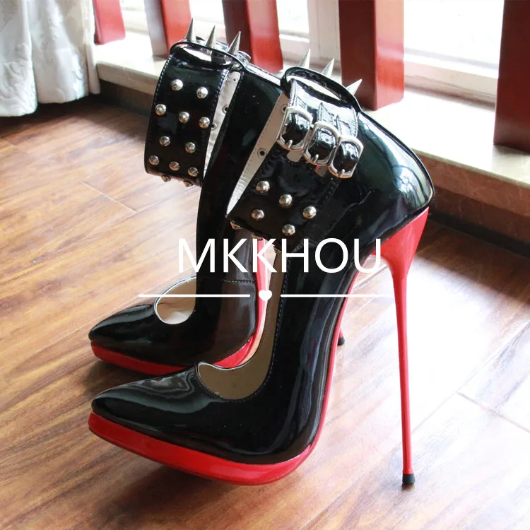 MKKHOU Fashion Pumps New Pointed Toe Stiletto 16cm High Heel Shoes Ankle Buckle Strap Rivet Punk Style Modern Women Shoes