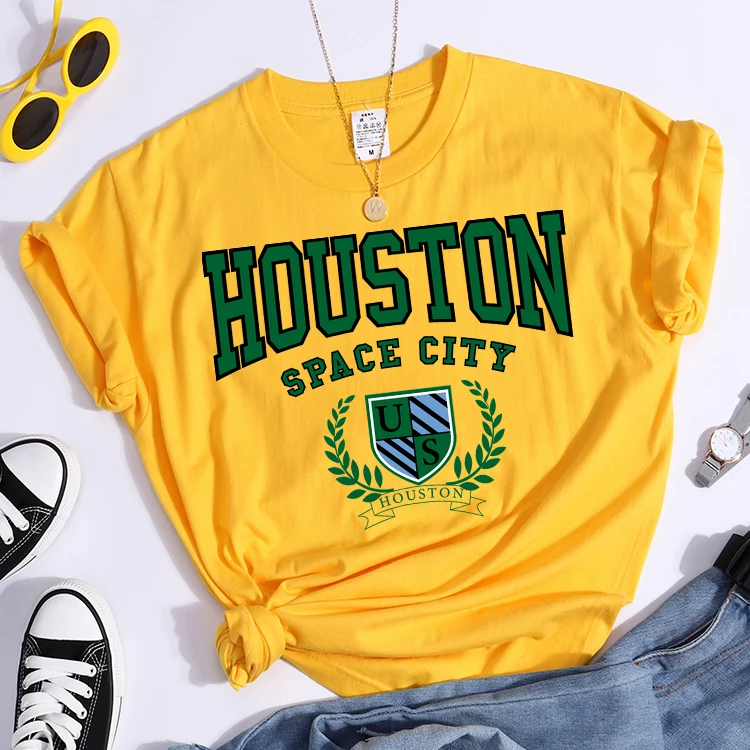 Bouston Space City Print Woman Tshirts Vintage Loose T-Shirts Niche Vintage Individual Top Tee Tshirt Short Sleeve Casual Tshirt