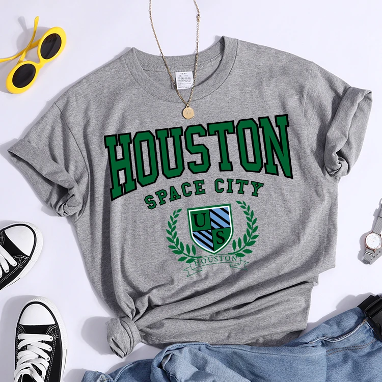 Bouston Space City Print Woman Tshirts Vintage Loose T-Shirts Niche Vintage Individual Top Tee Tshirt Short Sleeve Casual Tshirt