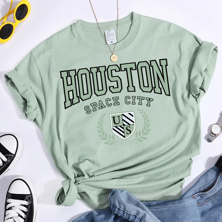 Bouston Space City Print Woman Tshirts Vintage Loose T-Shirts Niche Vintage Individual Top Tee Tshirt Short Sleeve Casual Tshirt