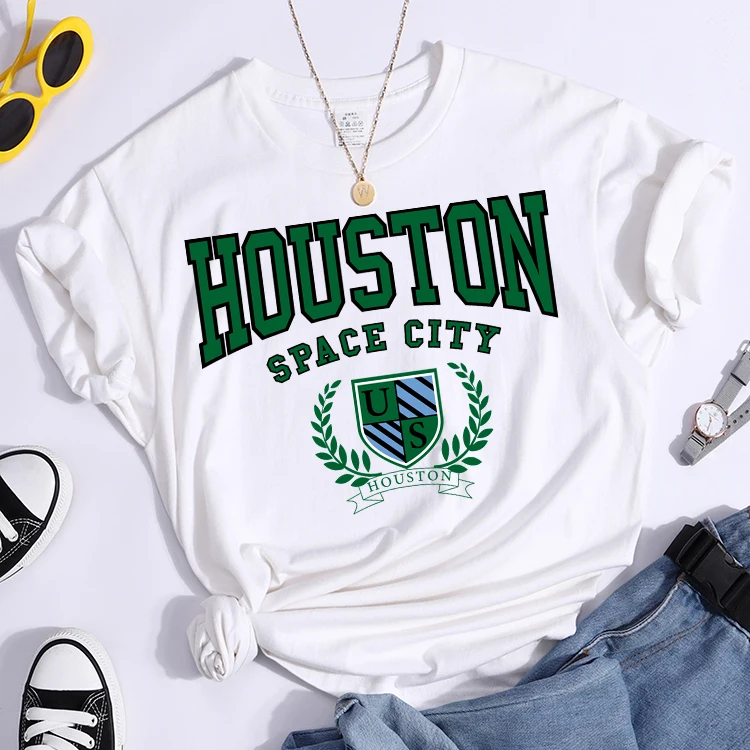 Bouston Space City Print Woman Tshirts Vintage Loose T-Shirts Niche Vintage Individual Top Tee Tshirt Short Sleeve Casual Tshirt