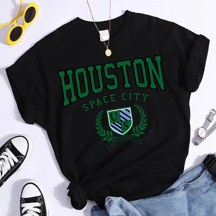 Bouston Space City Print Woman Tshirts Vintage Loose T-Shirts Niche Vintage Individual Top Tee Tshirt Short Sleeve Casual Tshirt
