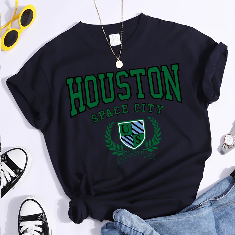 Bouston Space City Print Woman Tshirts Vintage Loose T-Shirts Niche Vintage Individual Top Tee Tshirt Short Sleeve Casual Tshirt
