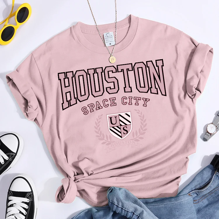 Bouston Space City Print Woman Tshirts Vintage Loose T-Shirts Niche Vintage Individual Top Tee Tshirt Short Sleeve Casual Tshirt