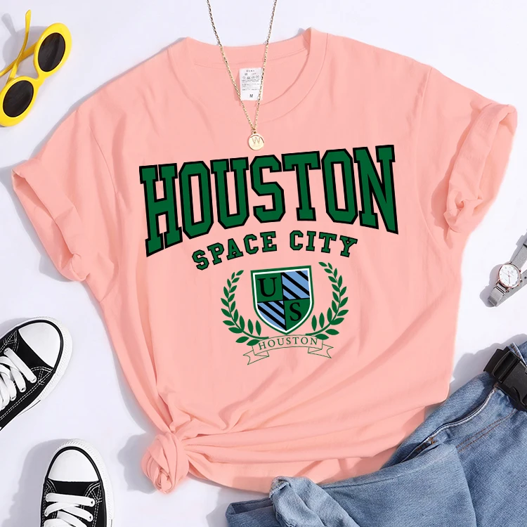 Bouston Space City Print Woman Tshirts Vintage Loose T-Shirts Niche Vintage Individual Top Tee Tshirt Short Sleeve Casual Tshirt