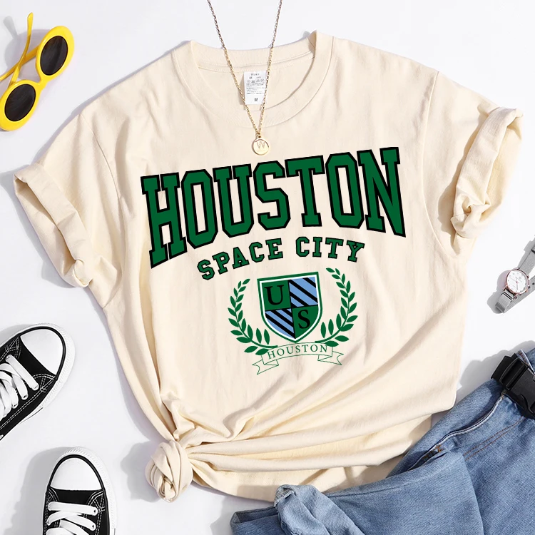 Bouston Space City Print Woman Tshirts Vintage Loose T-Shirts Niche Vintage Individual Top Tee Tshirt Short Sleeve Casual Tshirt
