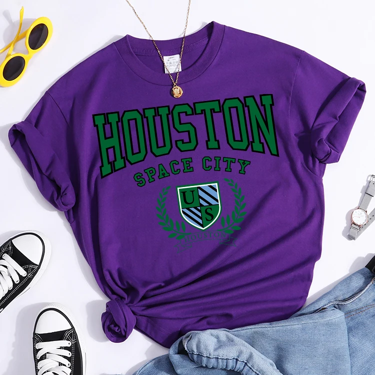 Bouston Space City Print Woman Tshirts Vintage Loose T-Shirts Niche Vintage Individual Top Tee Tshirt Short Sleeve Casual Tshirt