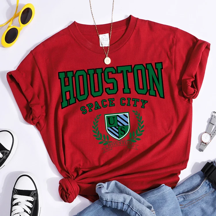 Bouston Space City Print Woman Tshirts Vintage Loose T-Shirts Niche Vintage Individual Top Tee Tshirt Short Sleeve Casual Tshirt