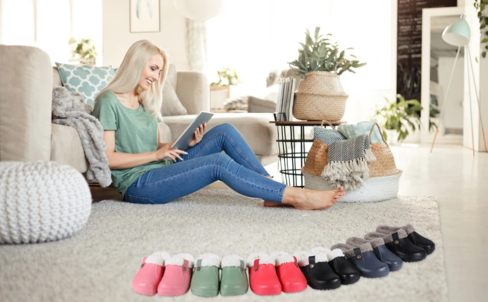 Litfun Female Clogs Couples Home Bedroom Fuzzy Slides Soft Sole Waterproof EVA Plush Slippers Women Warm Slippers Garden Shoes