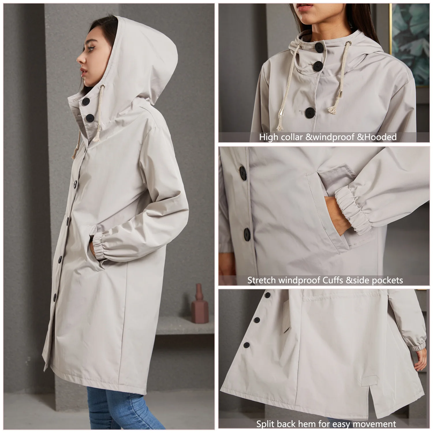 Hooded Women Windbreaker Long Trench Coat Solid Color Pocket Casual Long Outwear Fashion Windbreaker женская куртка