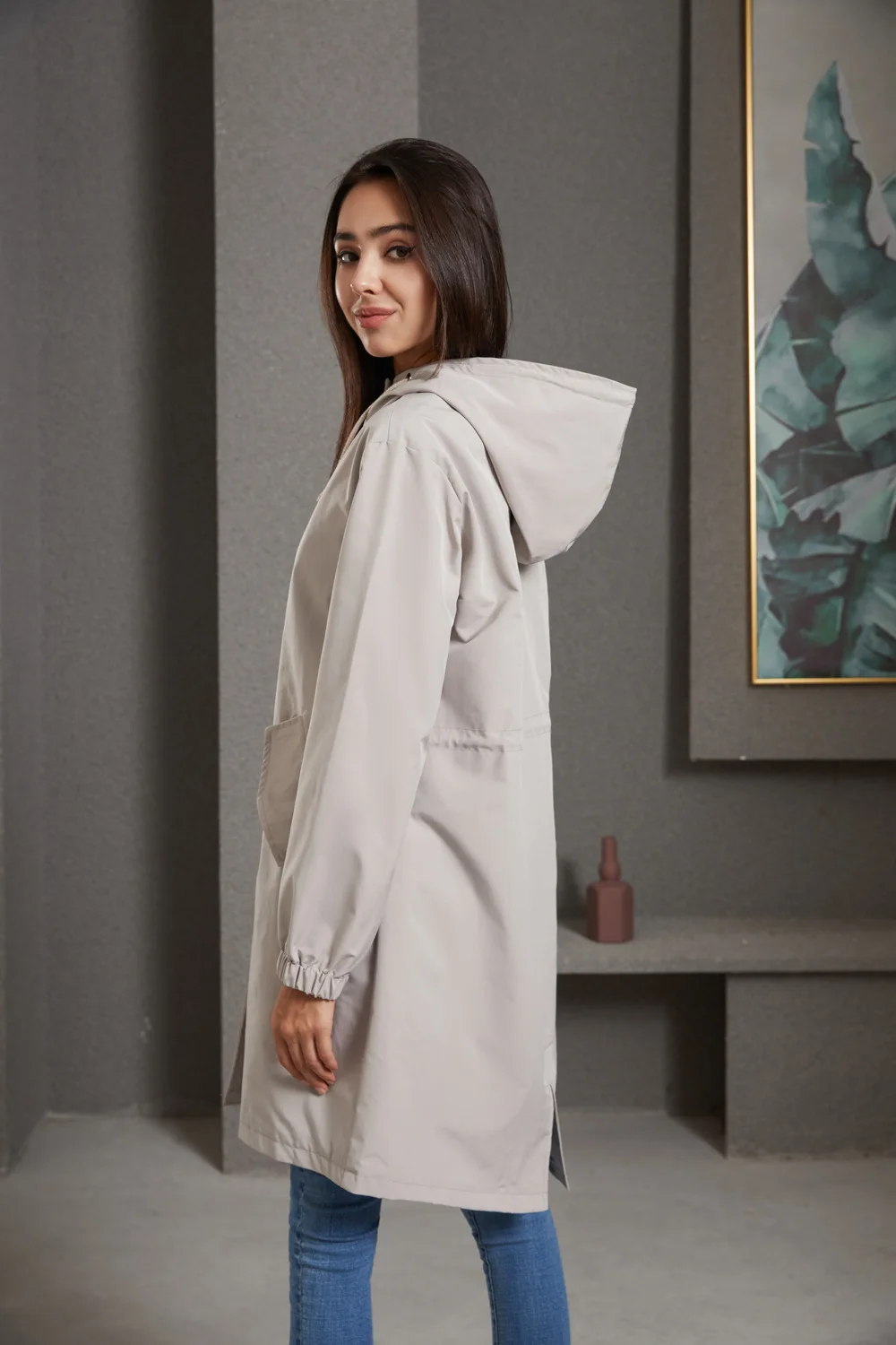 Hooded Women Windbreaker Long Trench Coat Solid Color Pocket Casual Long Outwear Fashion Windbreaker женская куртка