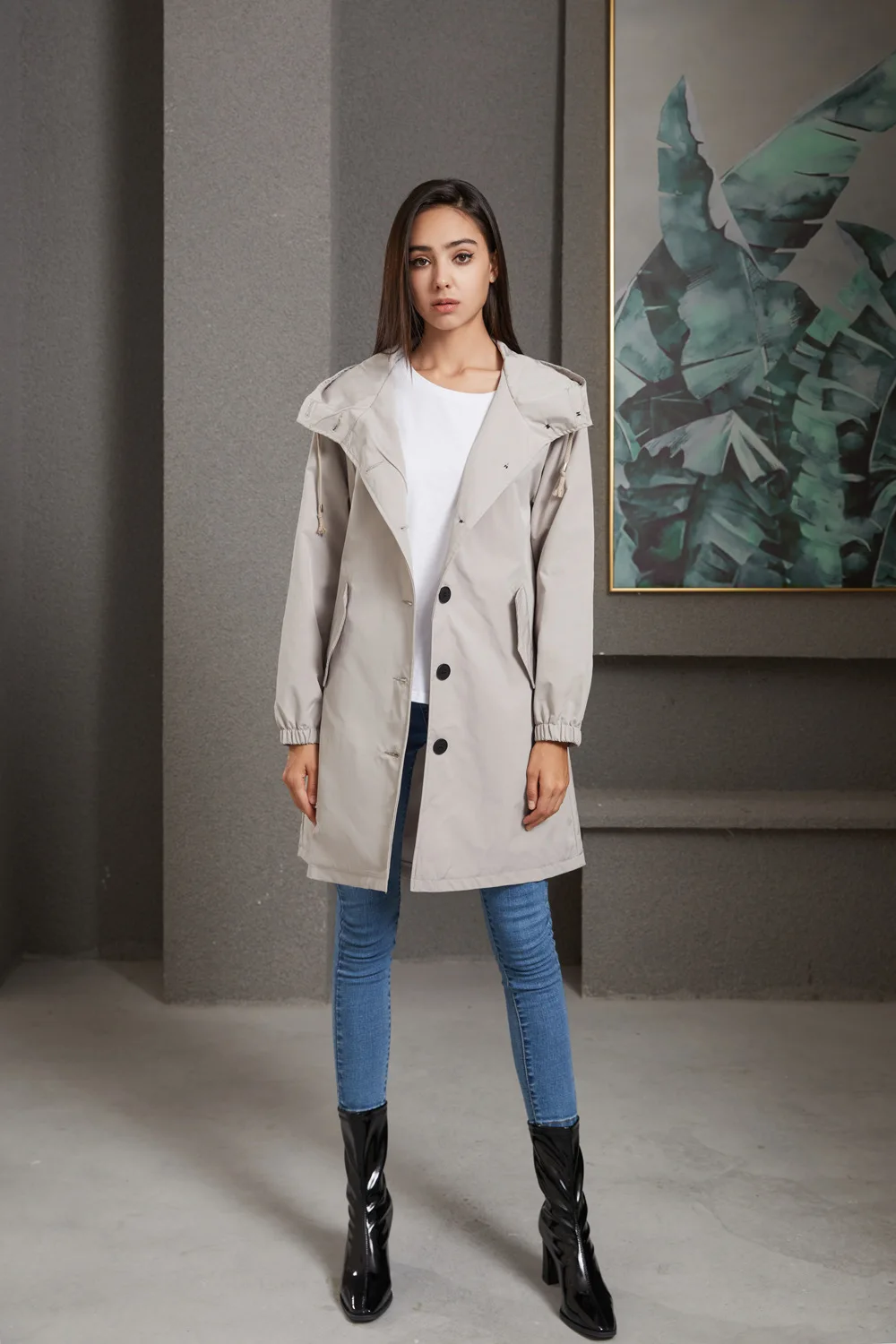 Hooded Women Windbreaker Long Trench Coat Solid Color Pocket Casual Long Outwear Fashion Windbreaker женская куртка