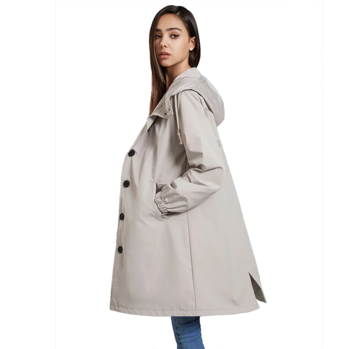 Hooded Women Windbreaker Long Trench Coat Solid Color Pocket Casual Long Outwear Fashion Windbreaker женская куртка