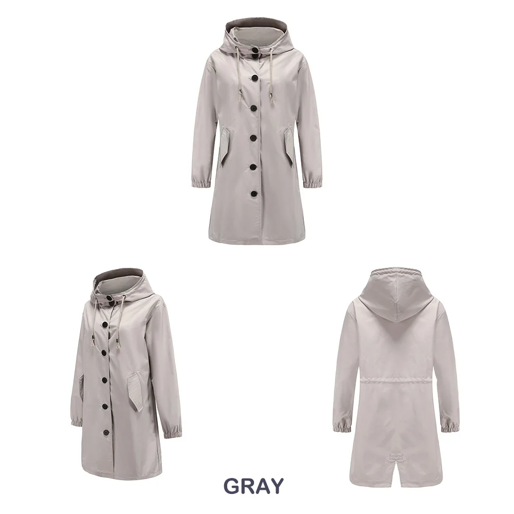 Hooded Women Windbreaker Long Trench Coat Solid Color Pocket Casual Long Outwear Fashion Windbreaker женская куртка