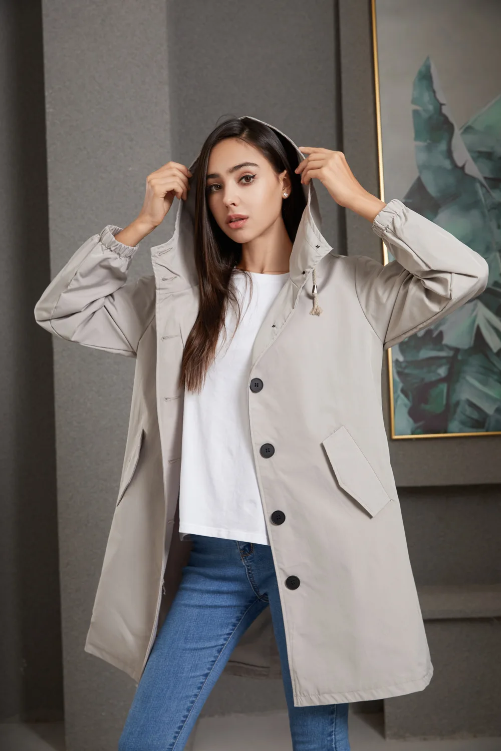 Hooded Women Windbreaker Long Trench Coat Solid Color Pocket Casual Long Outwear Fashion Windbreaker женская куртка