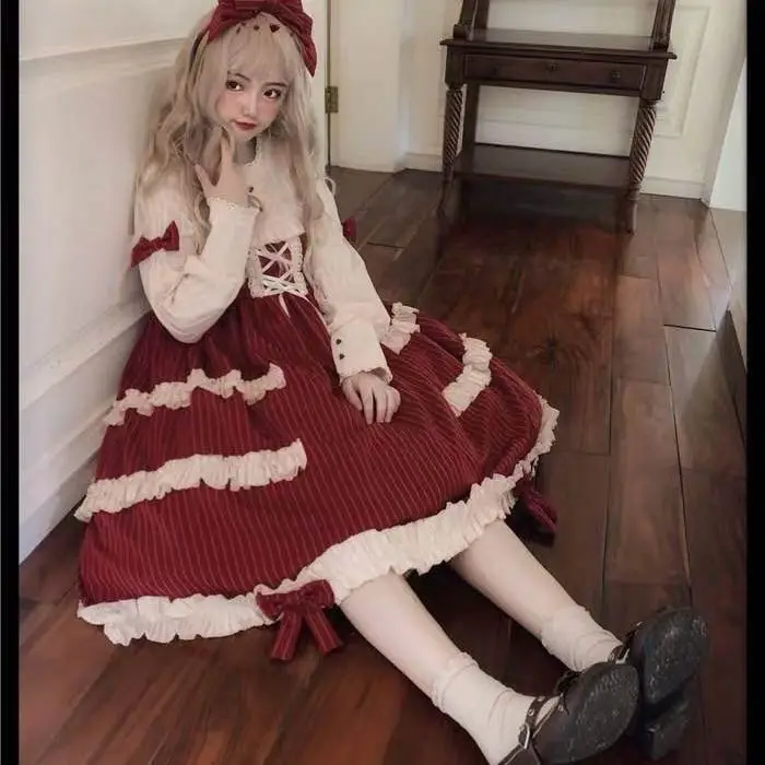 MAGOGO Sweet Vintage Lolita Dress Women Long Sleeve Costume Kawaii Loose New Cute Bow Japanese Style Dress For Girls INS Hot
