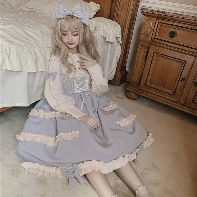MAGOGO Sweet Vintage Lolita Dress Women Long Sleeve Costume Kawaii Loose New Cute Bow Japanese Style Dress For Girls INS Hot