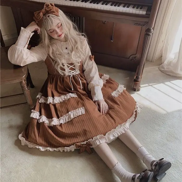 MAGOGO Sweet Vintage Lolita Dress Women Long Sleeve Costume Kawaii Loose New Cute Bow Japanese Style Dress For Girls INS Hot