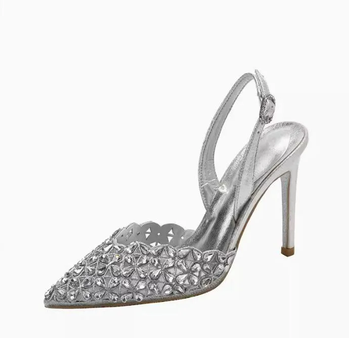 Glitter Rhinestone Drill Lattice Cutout Pumps Lady Back Strap Thin Heels Wedding Shoes black suede Pointed Toe crystal  high Hee