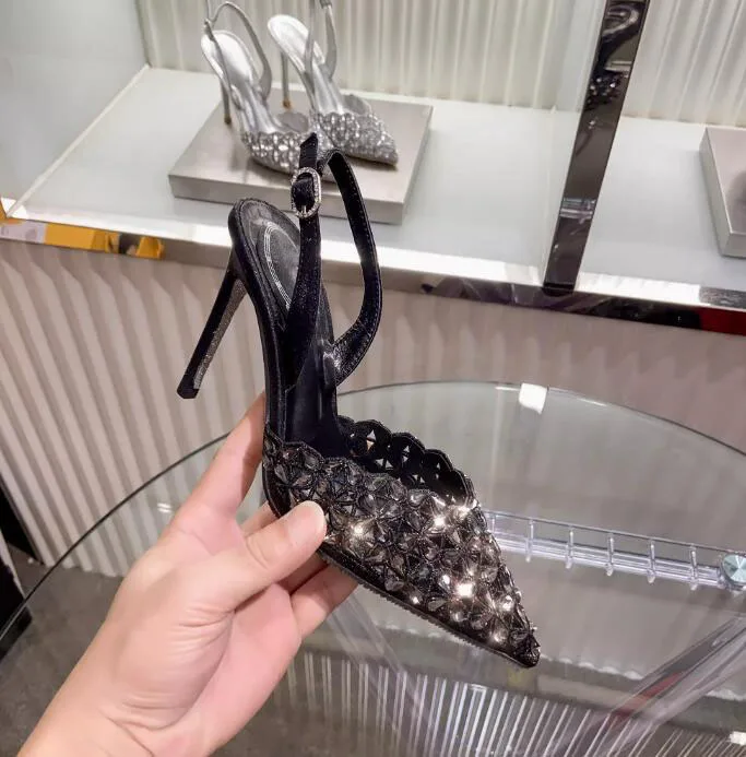 Glitter Rhinestone Drill Lattice Cutout Pumps Lady Back Strap Thin Heels Wedding Shoes black suede Pointed Toe crystal  high Hee